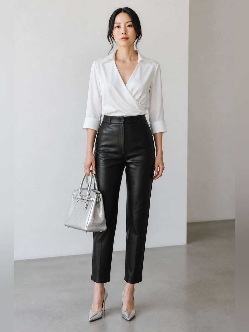 JS Collections White Satin Wrap Blouse Stand Collar Oversized Cuffs | 10